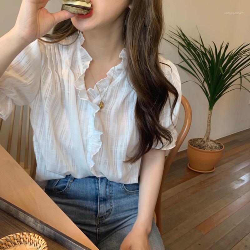 

White Ruffles Summer Blouse Women Flare Short Sleeve Vintage Elegant Sexy Top Shirt V-Neck Korean Shirts Single Breasted V152