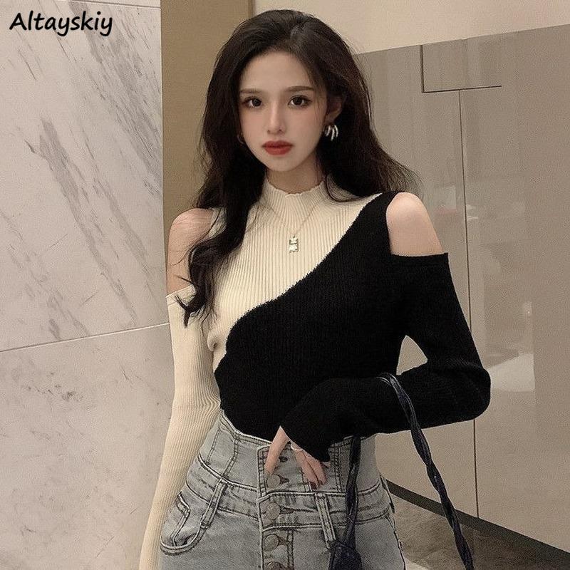 

Women's Sweaters Pullovers Women Sexy Autumn Off Shoulder Knitting Long-sleeve Slim Fashion Chic Patchwork Office Lady Clothing Leisure, Gray