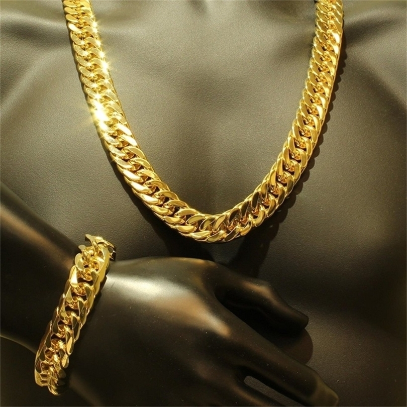 

Nice Thick Chain Yellow Gold Filled Sturdy Heavy Type Men Necklace Bracelet Accessories Jewelry Set 201222