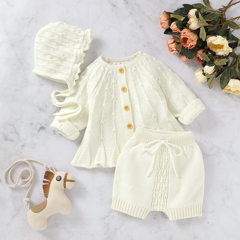 

Clothing Sets Toddler Baby Girls Autumn Winter Outfits 3Pcs Set Princess Solid Button Up Kintted Cardigan Sweater+Shorts+ Hat Infant, Beige