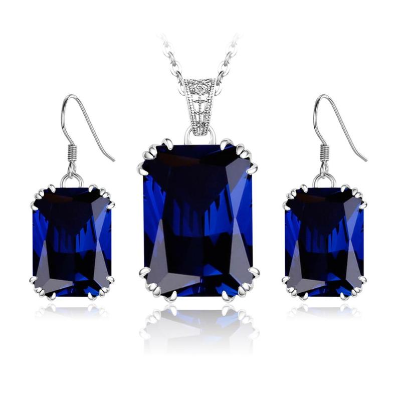 

Bracelet Earrings & Necklace Jewellery Set For Women Real 925 Sterling Silver Vintage Pendant Rectangle Gemstones Fine Jewelry Wedding GiftB, As pic