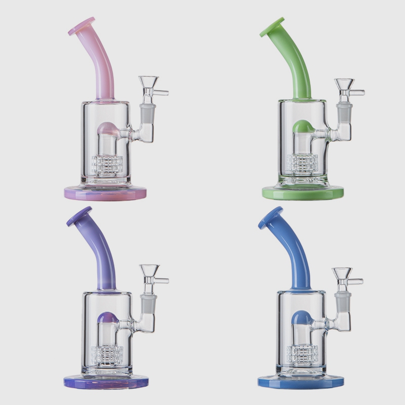 

Colorful Matrix Dome Perc Hookahs 8.6 Inch Wholsale Heady Glass Bongs Splash Guard Birdcage Percolators Water Pipes Green Blue Pink Purple Oil Dab Rigs DHL20091