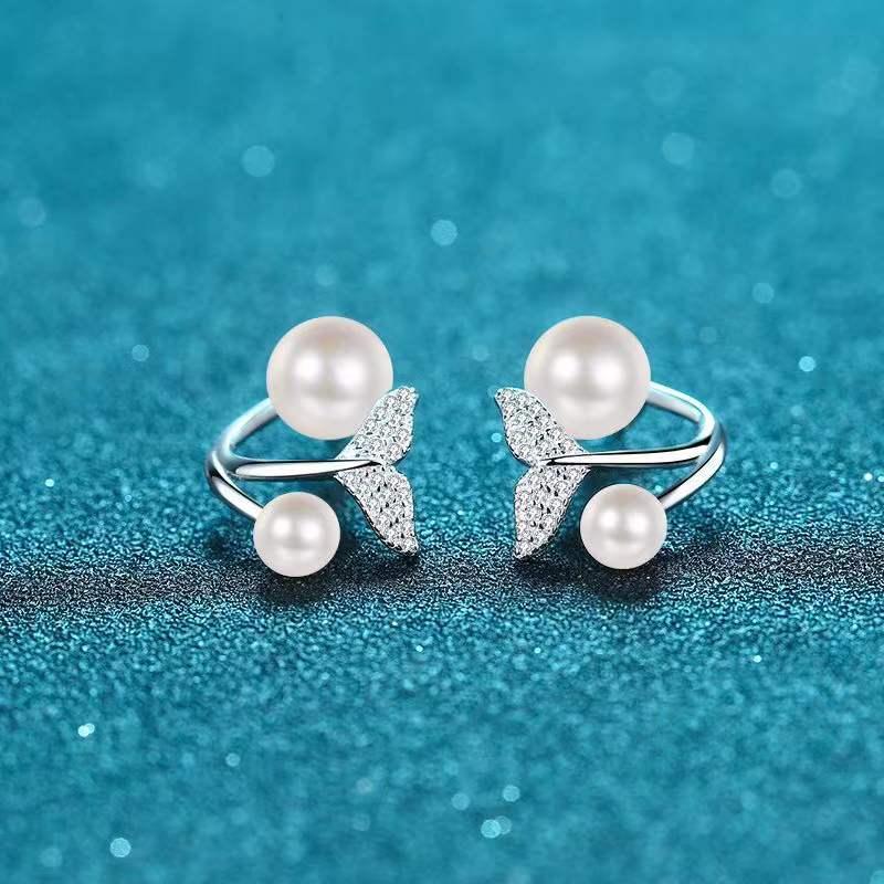 

Stud Cute 925 Sterling SIlver Mermaid Tail Earrings Pave Freshwater Pearl Moissanite Two Wear For Women Fine JewelryStud