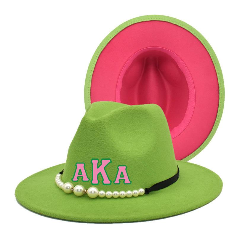 

Berets Greek Sorority Logo Pink Green Patchwork Unisex Panama Wool Felt Fedora Hats Ladies Wide Brim Party Trilby Cowboy Hat Jazz CapBerets, As pic