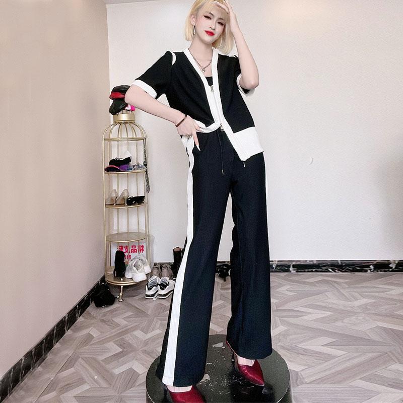 

Women's Two Piece Pants Women Summer Short Sleeve 2 Set Loose Splicing Knitting Zipper T Shirt And Tracksuit For WomenWomen's, Black