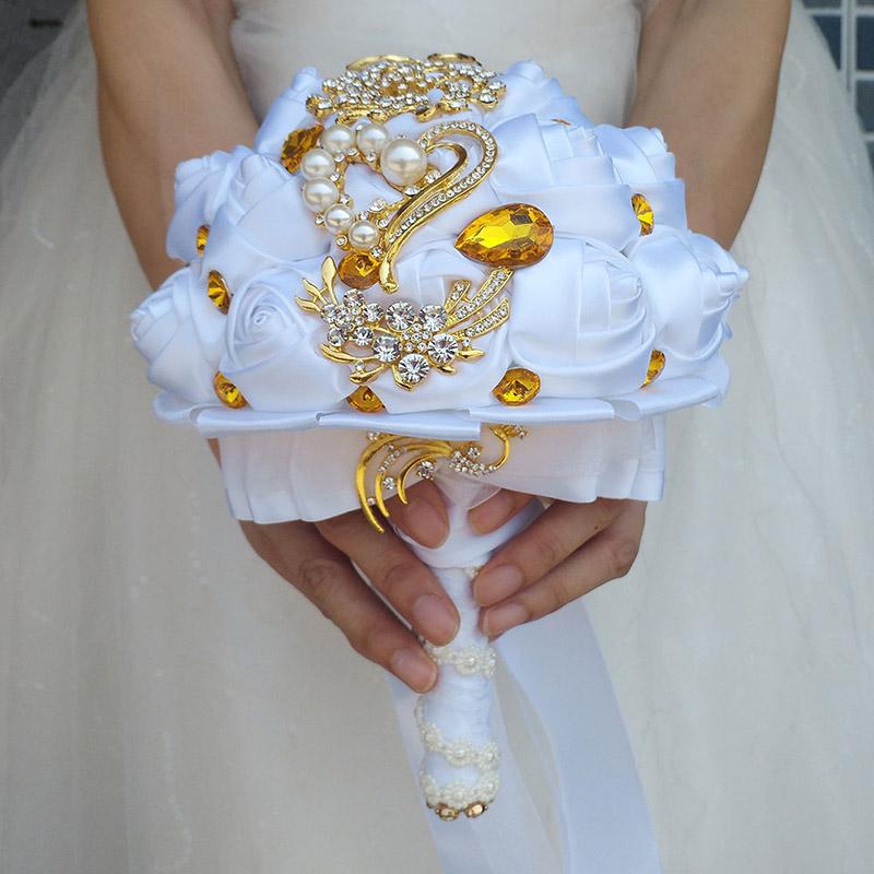 

Wedding Flowers White Bouquet Gold Diamond Silver Pearl Decoration Bridal Artificial Ribbon Rose BouquetWedding