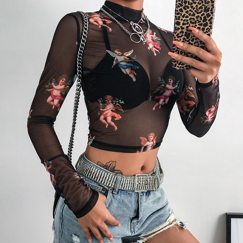

Women' T-Shirt DropShopping Turtleneck Sexy Black Mesh Crop Tops Tees Transparent Long Sleeve T Shirt Women Printed Casual Woman Tshirt Top