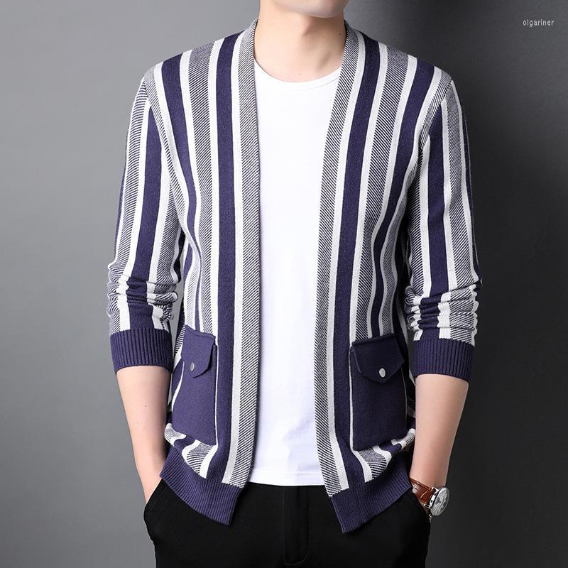 

Men's Sweaters Men Casual Stripe Sweater Designer Brand Fashion Pocket Knit Jacket Male Korean Trendy CardiganMen's Olga22, Black