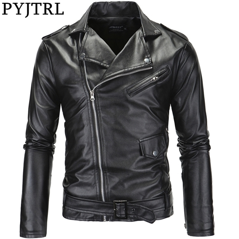 

PYJTRL Mens Motorcycle Slim Casual Zipper PU Leather Jacket Streetwear Clothes 201114, Black