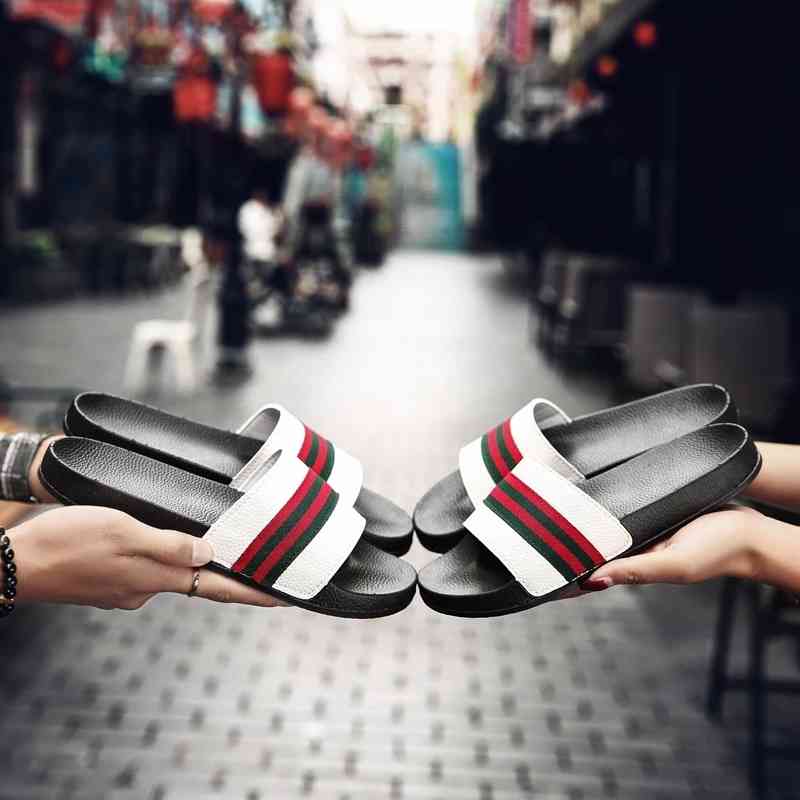 

Striped Brand Designer Couples Slippers Shoes Leather Summer Footwear Fashion Female Slides Men Outdoor Flat Woman Sandals Mules, White b