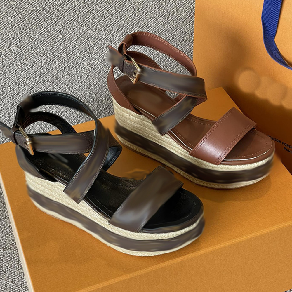 

Designer Natural Erforated Women Espadrille Sandals Wedge Platform Sandal Espadrille Shoes Ankle Lace-up Slides Ladies Leather High Heel 9.5cm With Box NO374