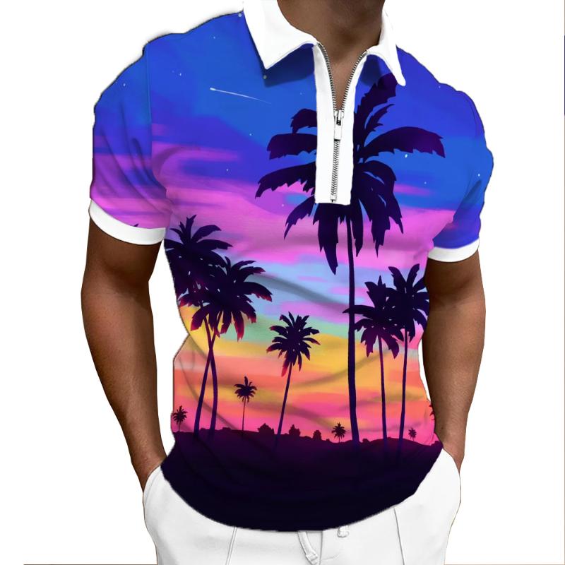 

Men's Polos Summer Seaside Beach Pattern 3D Printing Loose Men's Casual Breathable Short Sleeve Zipper Shirt Fashion Sports ZiMen's Men', 079424861