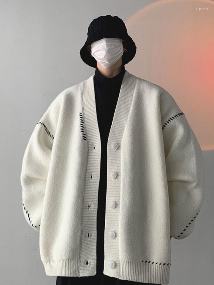 

Men's Sweaters Mafokuwz Sweater Cardigan Autumn Winter Streetwear Men's Japan Grunge V-neck Knitted Jacket Preppy Trend Niche Outside Li, White