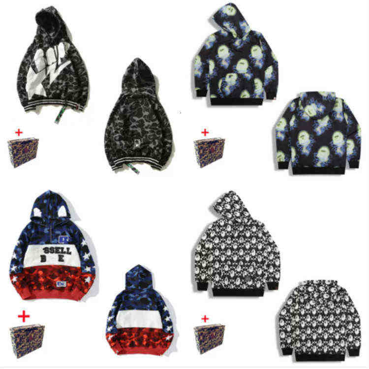 

Apes Men Hoodies Women Cardigan Hooded High Quality Jacket Luminous Camouflage Star Shark Head M-3xl Bring Tote BagFashion, 1pcs button