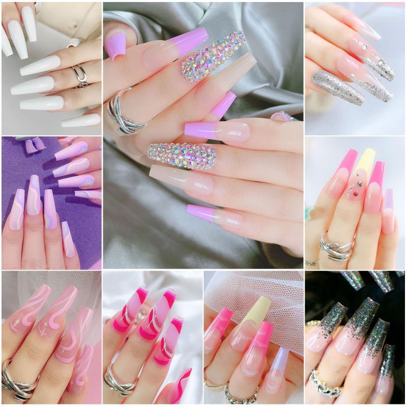 

False Nails 24PCS/Set Long Glitter Black Pink Lines Wear Sticker With Design Full Coverage Of Prud22, 01