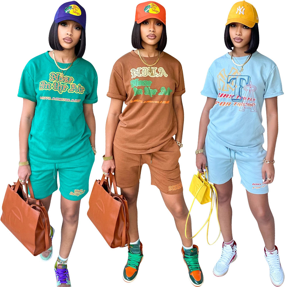 

Summer Plus Size Women Tracksuits Solid T-shirt Drawstring Short Pants Jogger Suits 2 Pcs Sets Letter Printed Outfits S-2XL L6321, Light blue