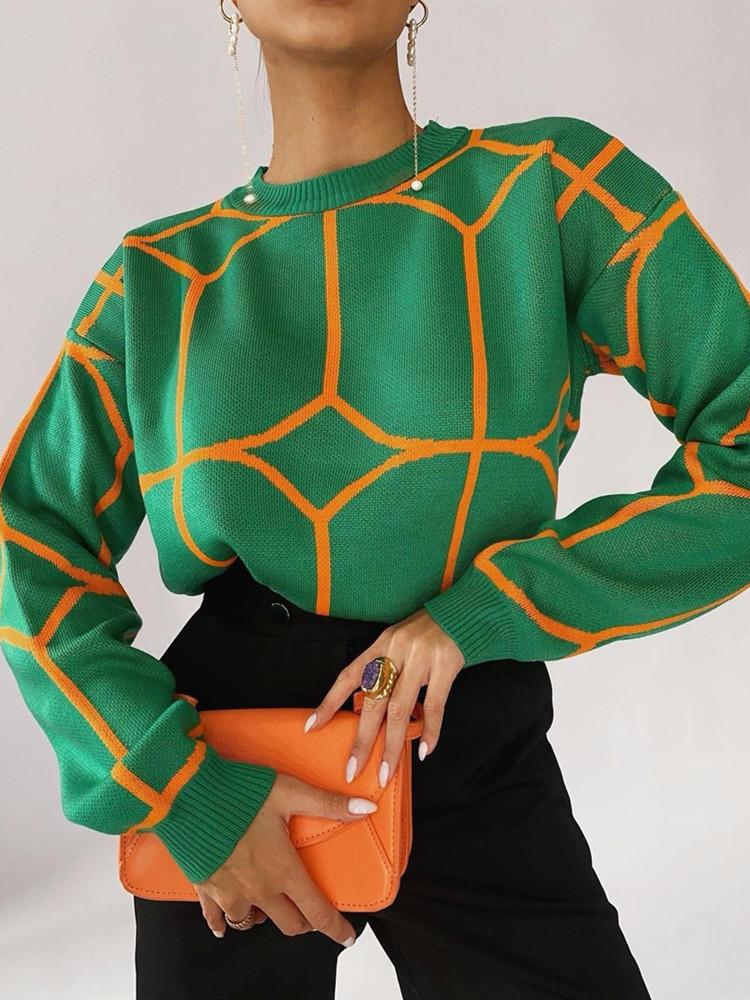 

Women' Sweaters Color Block Green Sweater Women Causal O-neck Oversize Pullover Autumn Winter Knit Long Sleeve Soft JumperWomen