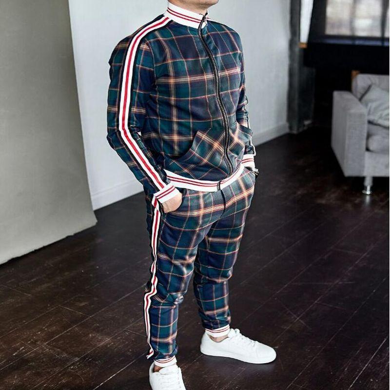 

Men's Tracksuits Plaid Men's Sets Autumn Gentlemen Jackets Pants Men Sportswear Suit Zipper Sweat 2 Piece Set Brand ClothingMen's, Red