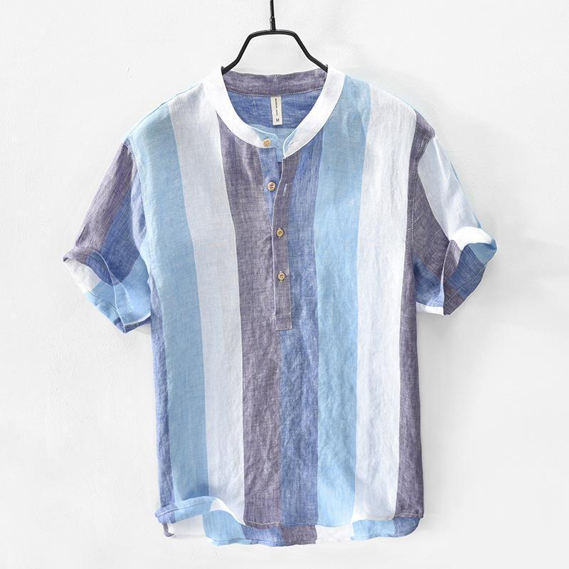 

Top Selling Product In 2022 Summer Linen Striped Shirt Casual Fashion Men's Short Sleeve Stand Collar Clothing Shirts, Purple