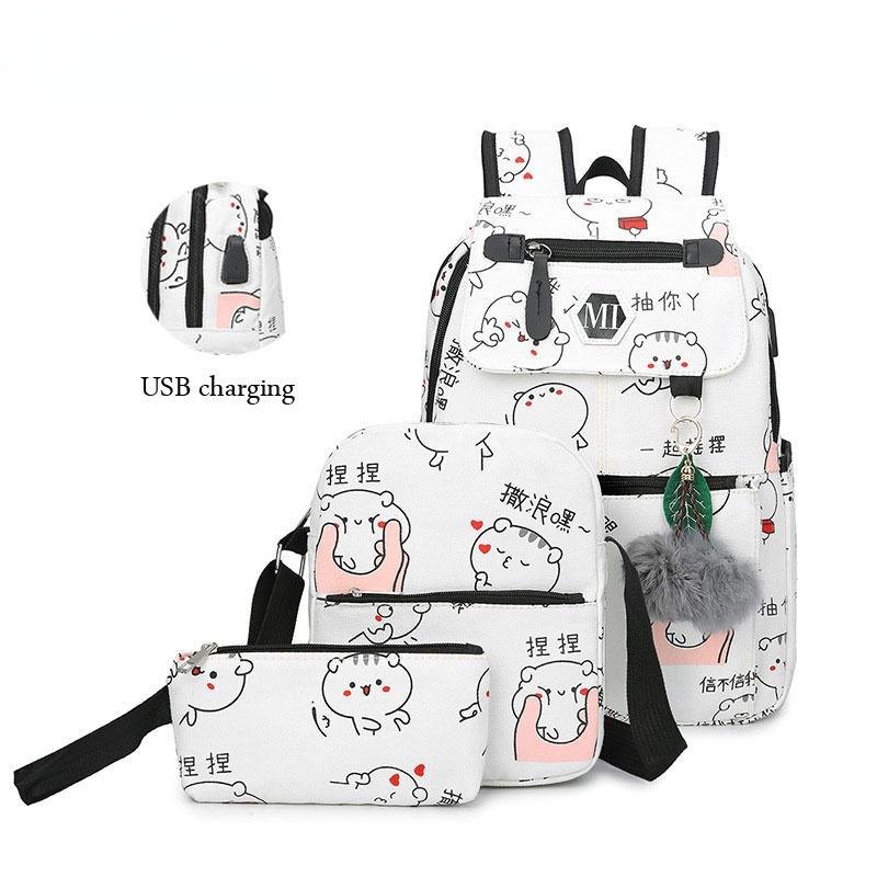 

School Bags Cartoon Print Canvas Backpack 3 Pcs Set Women For Girls Teenagers USB Charging Daily Travel Organizer Knapsack, Black