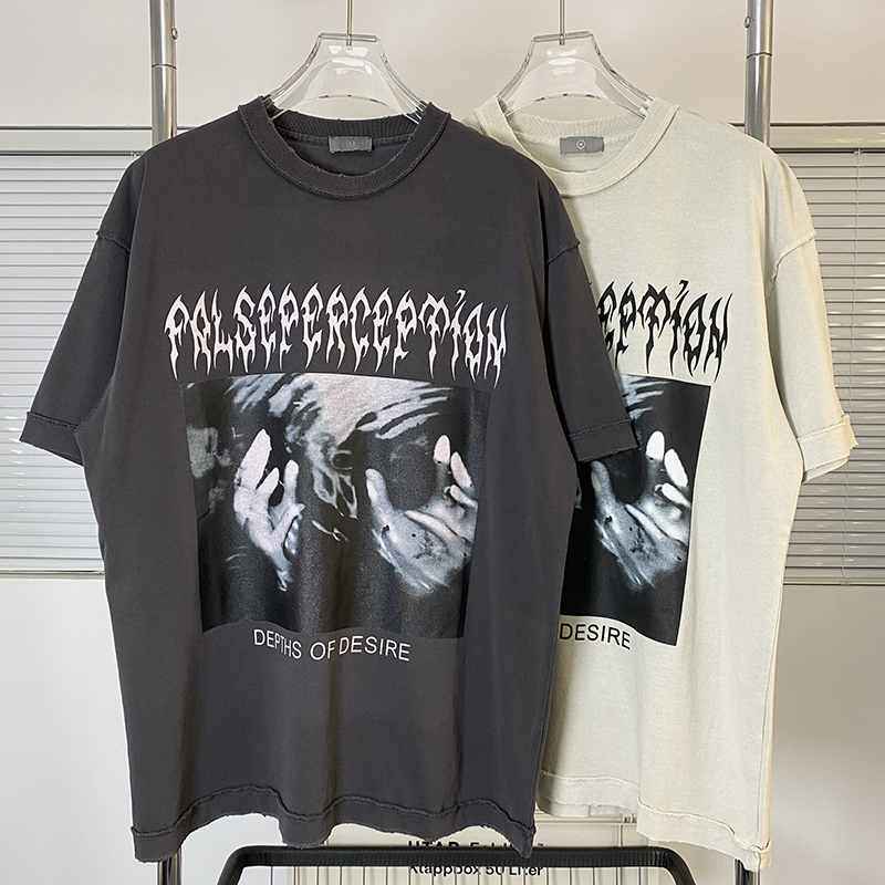 

Vintage Grey T shirt Hip Hop Men Women 11 High Quality Print Tee Oversize Tops Real Pics, Beige