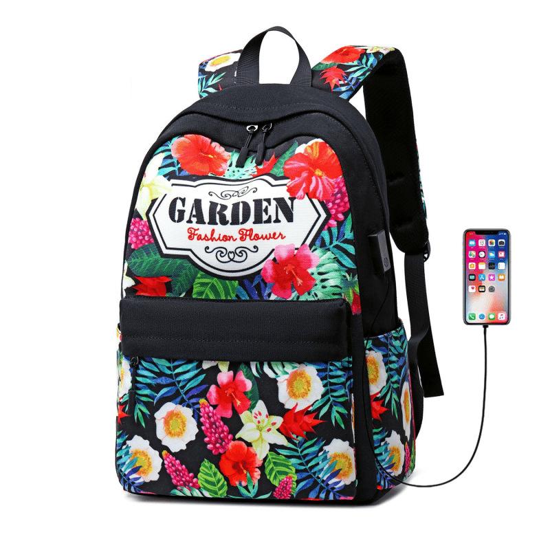 

School Bags Teenager Girls Backpacks Canvas Female Flower Printed Kids Large Capacity Travel Backpack Children, Black