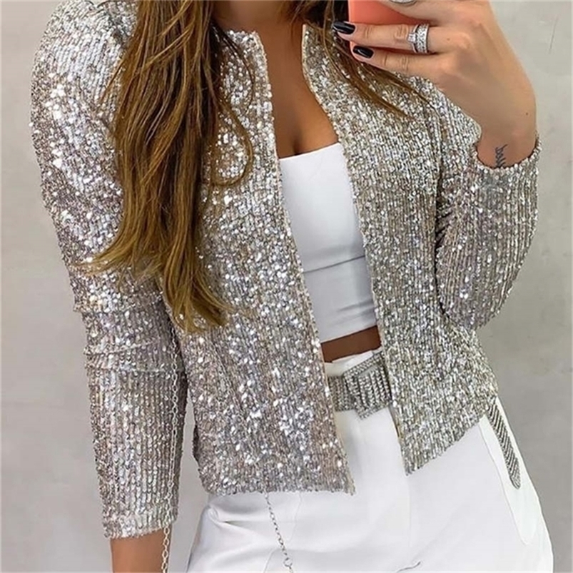 

Long Sleeve Open Front Sequin Coat Women Casual Female Jacket Sequin Pearls Buttons Coat ONeck Out Wear Ladies 220813, Black