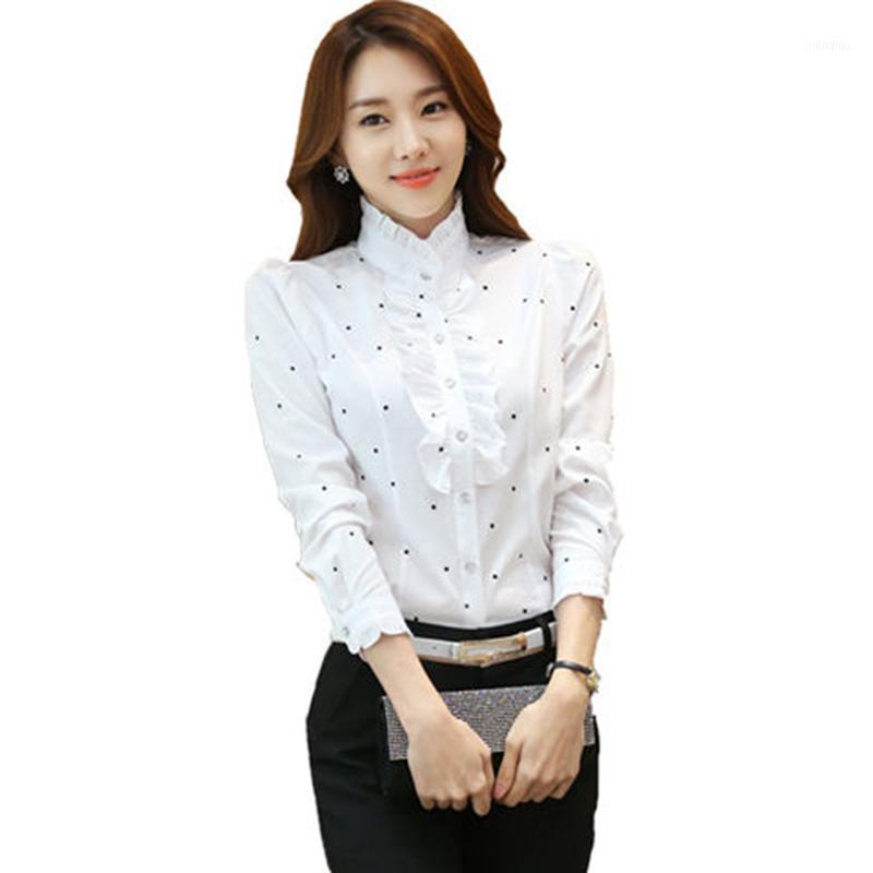 

Elegant Ruffles Shirt Women OL Formal Slim Stand Collar Long Sleeve Chiffon Blouse Office Ladies Work Wear Plus Size DF2606 Women's Blouses, Dot