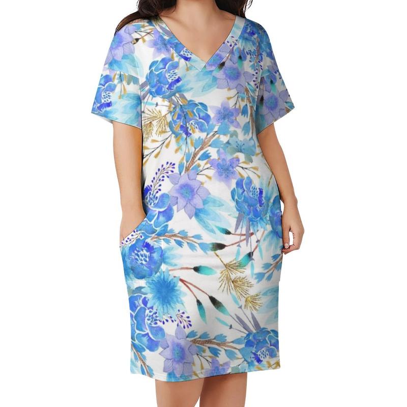

Plus Size Dresses Elegant Gold Lavender Casual Dress Ladies Watercolor Floral Print Trendy Cute Summer V Neck Streetwear SizePlus, Style-11