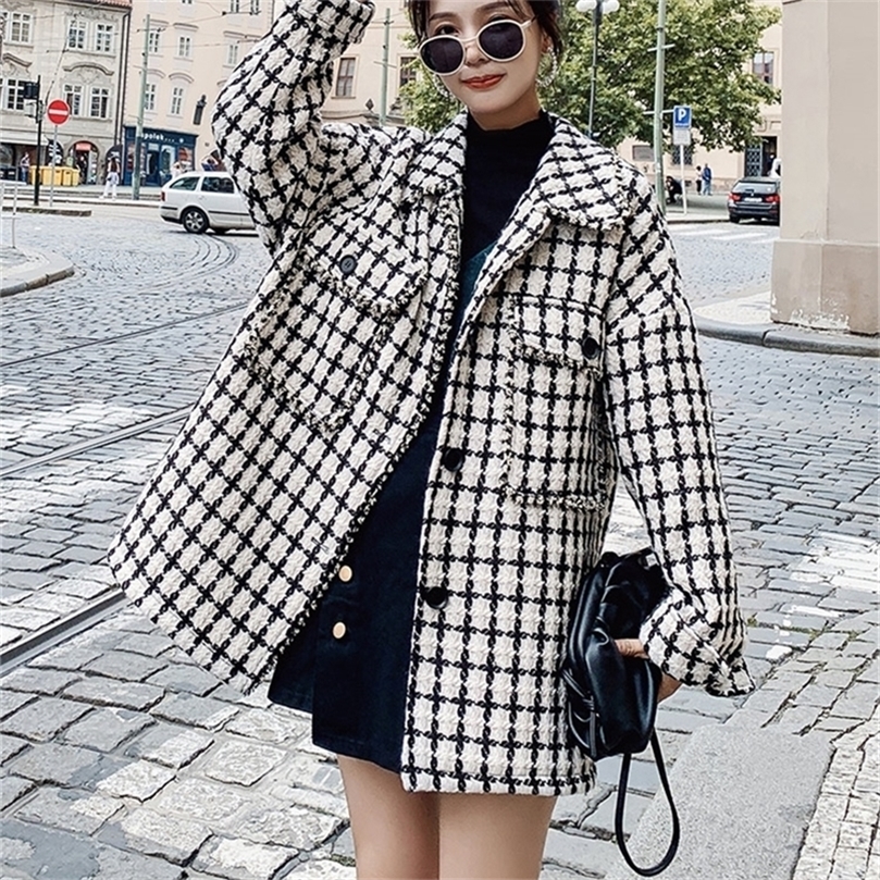 

women's autumn and winter style Korean student loose houndstooth woolen fabric coat winter coat women plus size 201215, Lattice