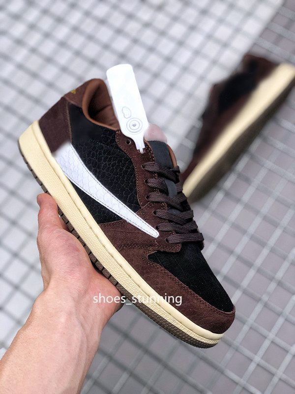 

basketball shoe Jumpman 1 Low Dark Brown Travis Scotts LOW-top culture casual sports Brown Leather Trainers Ship ShoeBox Size 36-46 available