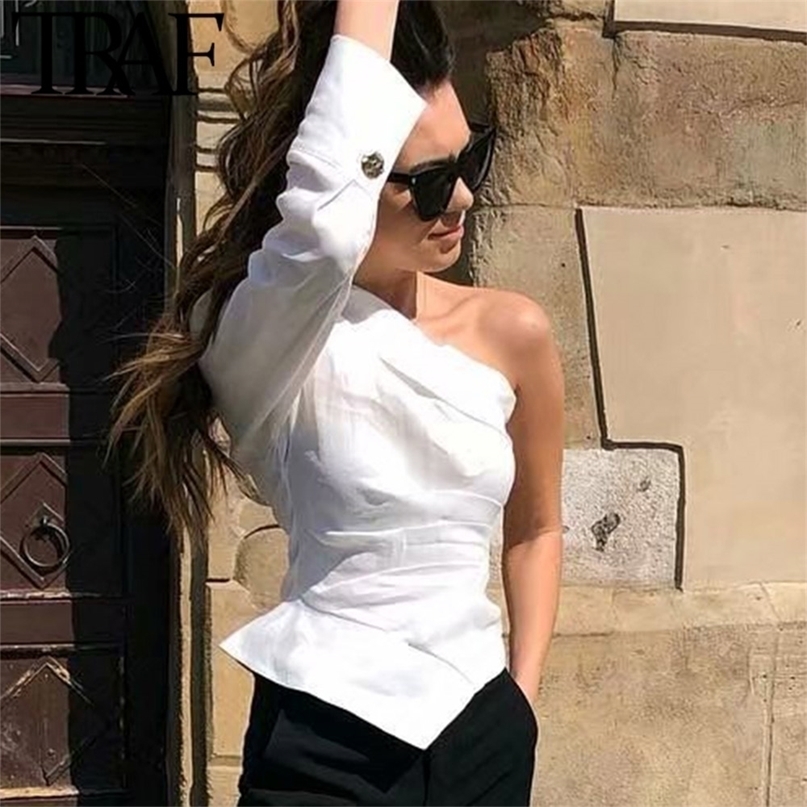 

TRAF Women Blouses Vintage Sexy One Shoulder Tops Fashion Irregular Collar Pleated Stylish White Shirts Blusas Mujer 220813