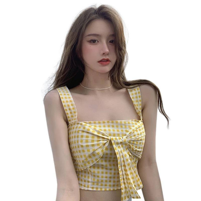 

Women' Tanks & Camis Women Summer Square Collar Slim Fit Corp Top Korea Style Sexy Plaid Print Bow Camisle Casual Tank TopWomen, Yellow