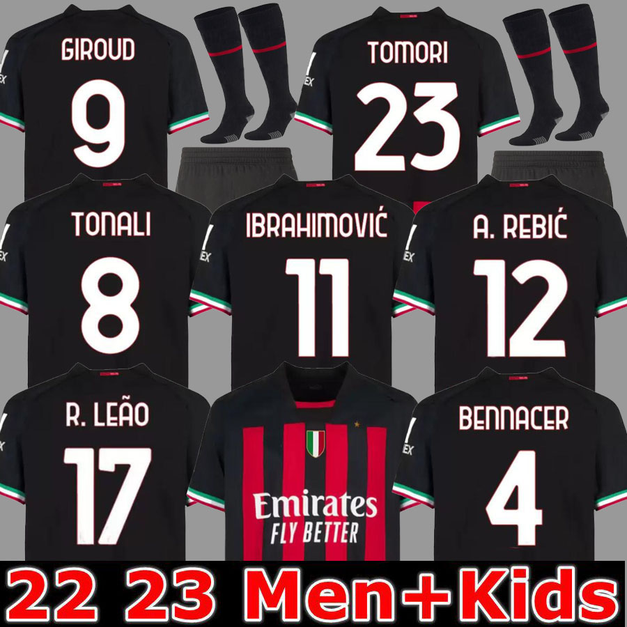 

IBRAHIMOVIC 21 22 23 soccer jerseys AC MILANS GIROUD R. LEAO BENNACER KESSIE ROMAGNOLI CALHANOGLU TONALI REBIC 2022 2023 football shirt maillot men kids kit away, 22 23 home aldult player ucl