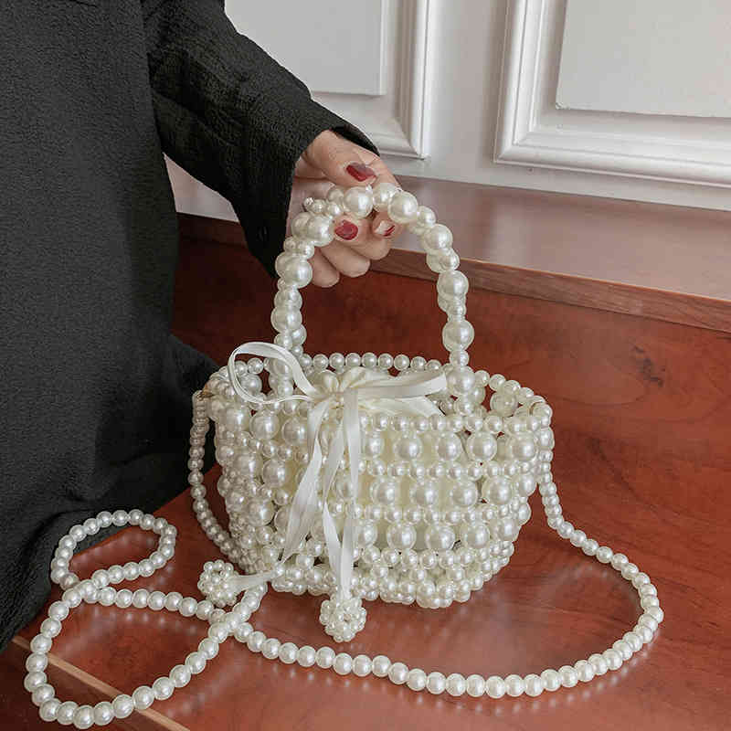 

Luxury Pearl Woven Handbag Chain Shoulder Bags for Women 2022 Summer Travel Hollow Brand Designer Female Crossbody Bag, White