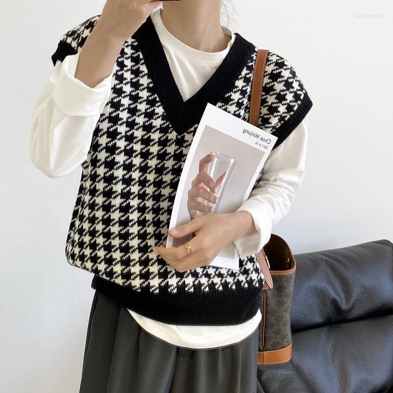 

Women's Vests 2022 Autumn Houndstooth Sweater Vest Women Contrast Color Knitted Waistcoat Korean Loose V-neck Outer Luci22, Black