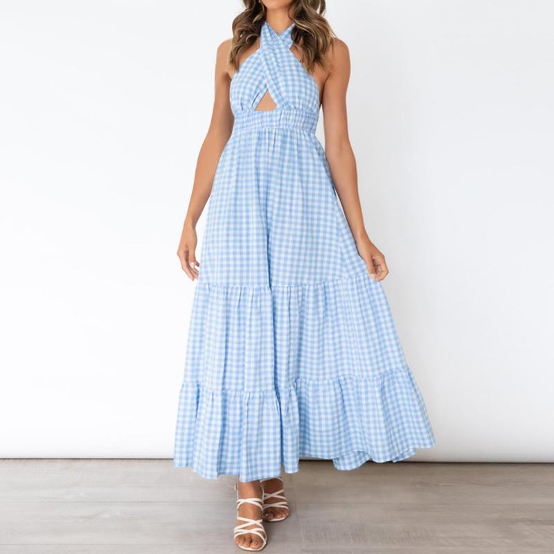 

Casual Dresses Women Ruffles Boho Sundress Summer Backless High Waist A-Line Dress Fashion Plaid Print Halter-Neck Hollow Out Sleeveless Dre, Black