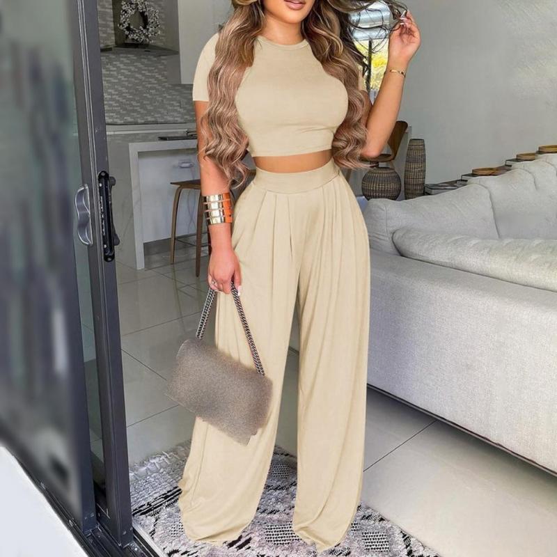 

Women' Two Piece Pants Set Summer Women' Pant Suits Elegant Tracksuit Outfits Short Sleeve Crop Tops Trouser Flare PantsWomen, Beige