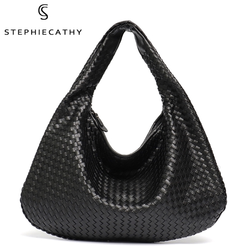 

SC Brand Vegan Leather Hobo Bag Handmade Woven Casual Female Handbag Big Capacity Patchwork Zipper Women Shoulder Bags 220512, Light grey s