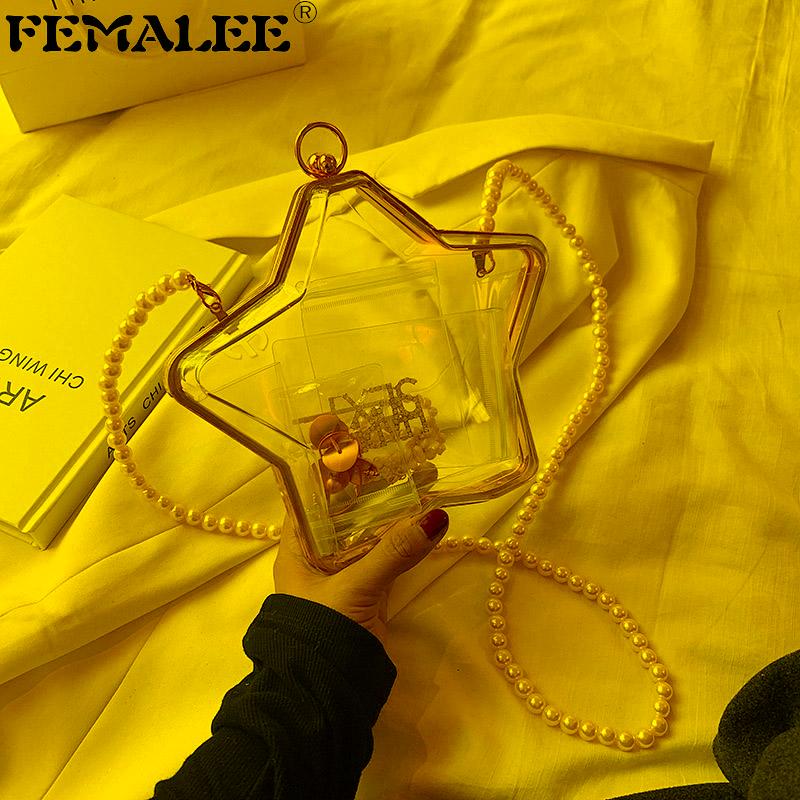 

Shoulder Bags Acrylic Transparent Women Clutch Purse Pearls Chain Messenger Bag Clear PVC Five-pointed Star Evening HandbagShoulder