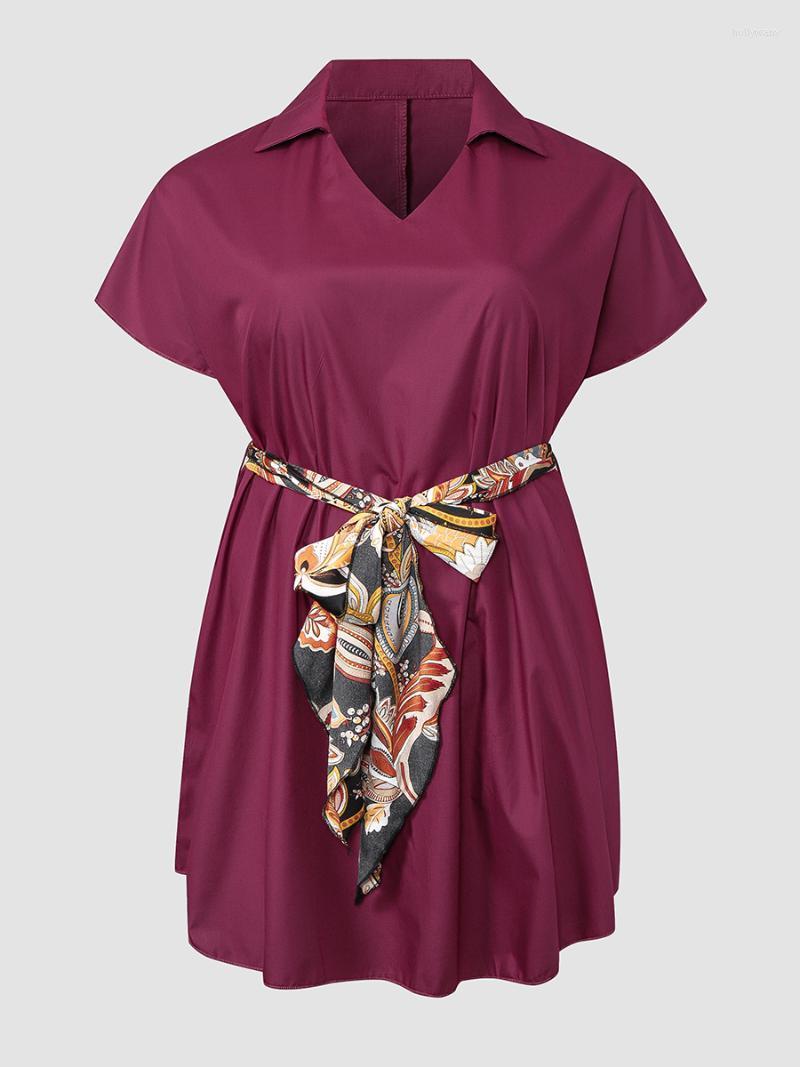 

Plus Size Dresses Finjani Women Turn-down Collar Dress Belted Casual Midi DressPlus Holl22, As pic