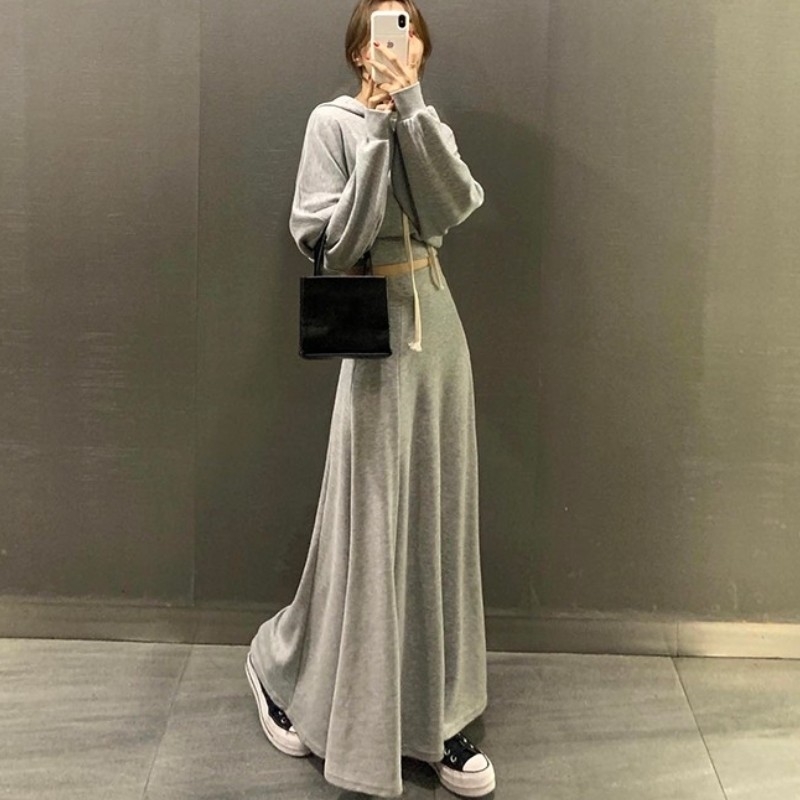 

Arrivals Spring Women Two Piece Sets Lady Casual Pullover Sweatshirt Hoodies Top High Waist Mermaid Long Skirts Suits 210526, Photo color