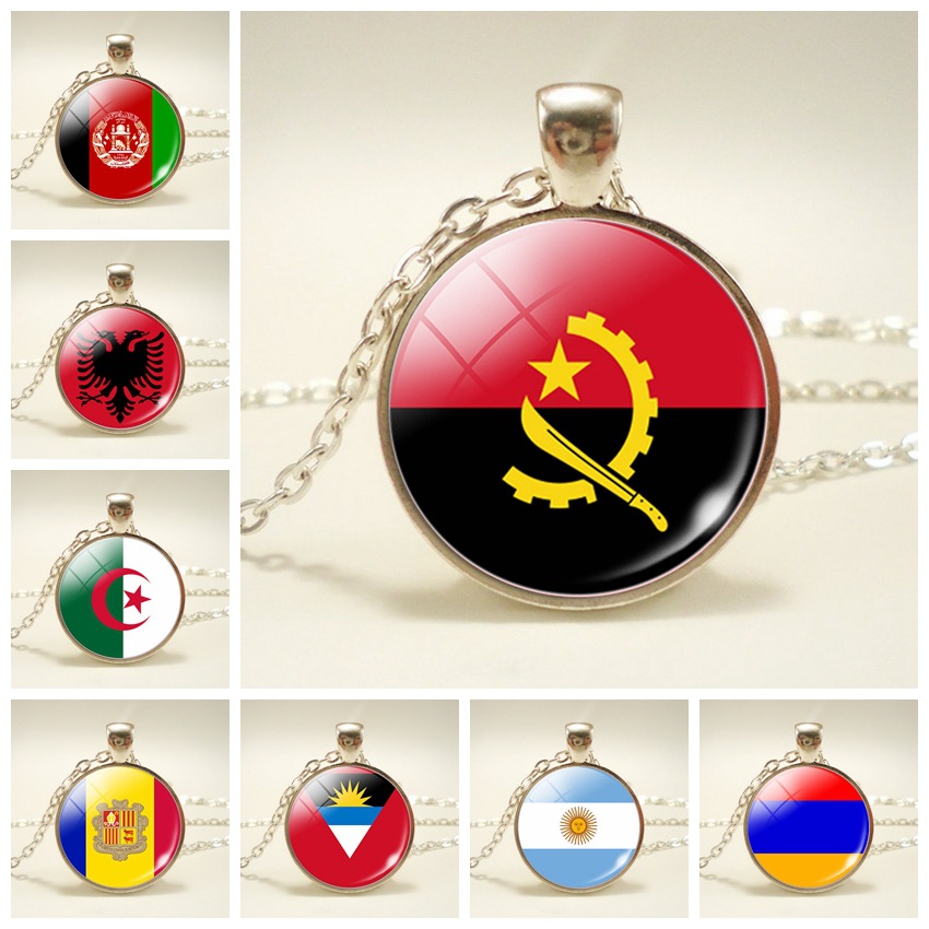 

World Cup Football Fan National Flag Pendant Necklaces Hot Boho Time Gem Glass Cabochon Albania Shape Pendant Necklace For Women Men Chain Choker Jewelry Gift