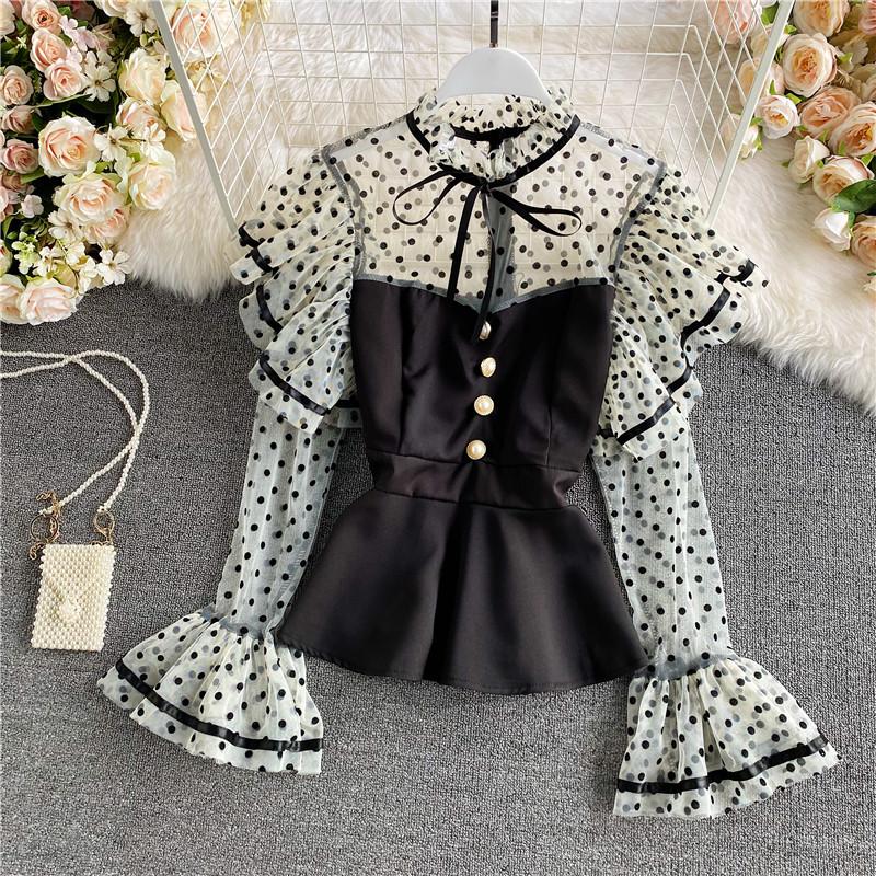 

Women's Blouses & Shirts 2022 Spring Female Stand Collar Dot Flare Sleeve Lace-up Bow Ruffles Gauze Women Sweet Mesh Fairy Shirt, Black