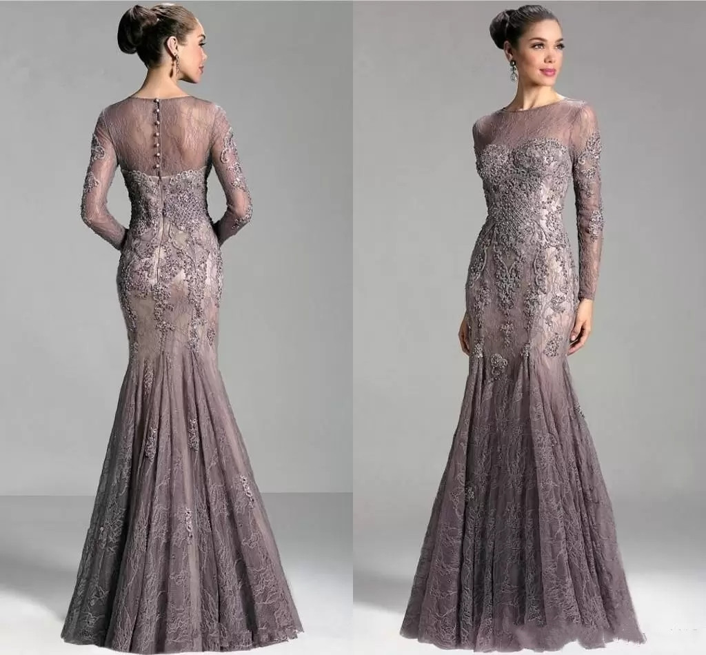 

Long Sleeves Mermaid Mother Of The Bride Dresses Jewel Neck Lace Appliques Beaded Illusion Plus Size Evening Dress Wedding Guest Dress