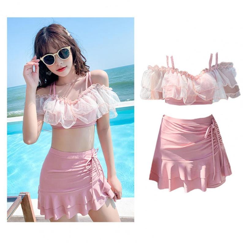 

Women's Swimwear Fashion Lady's Small Fresh Swimsuit Sexy Cover Meat Revealing Thin Breasts Gathered Boxer Skirt Split SwimsuitWomen's, Pink