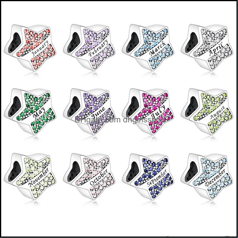 

Sier Loose Beads Jewelry Fit Original Charm Bracelet 925 Star Pave Zirconia Month January To December Bead For Making Women B Dz