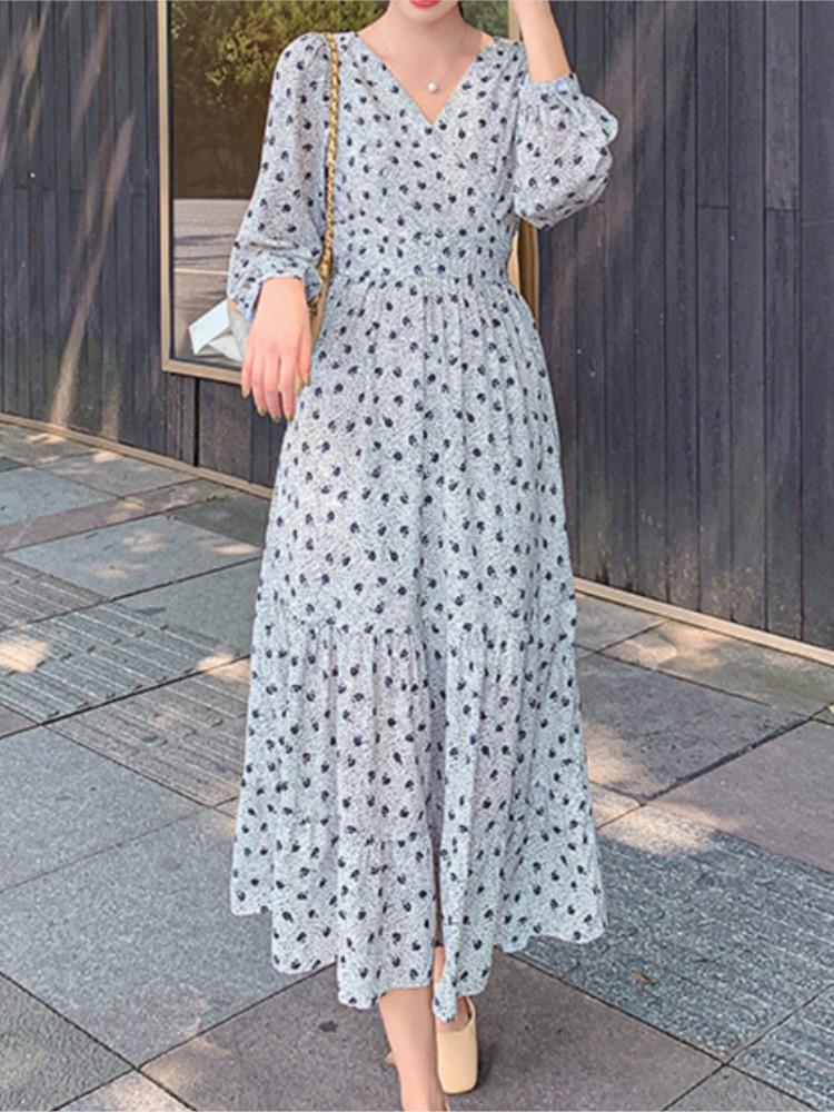 

Casual Dresses Women Spring Autumn Chiffon Floral Print Midi Dress Long Sleeve Elegant Vestidos Femme Fashion Streetwear Maxi Robe, Mixed color
