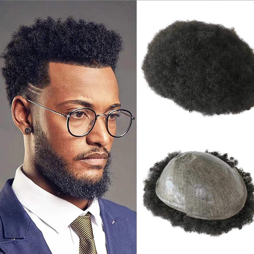 

6mm Afro Kinky Curly Hair Pieces Wig Men's Wigs Full Skin PU Toupee Men Capillary Prosthesis Hair Unit Replacement System