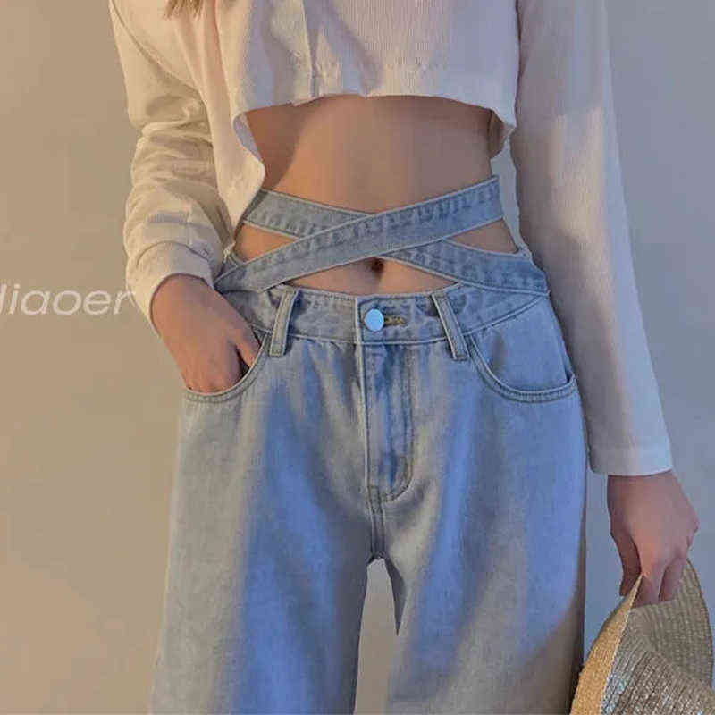 

Lace-Up Design Women's Jeans Winter Fashion Female Straight Leg Pants Loose Casual Light Blue Wide-Leg Pants High Waist Was Thin T220728